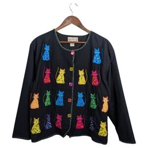 New Directions Cat Applique Embroidered Blazer Large Linen Cotton Whimsical Stat
